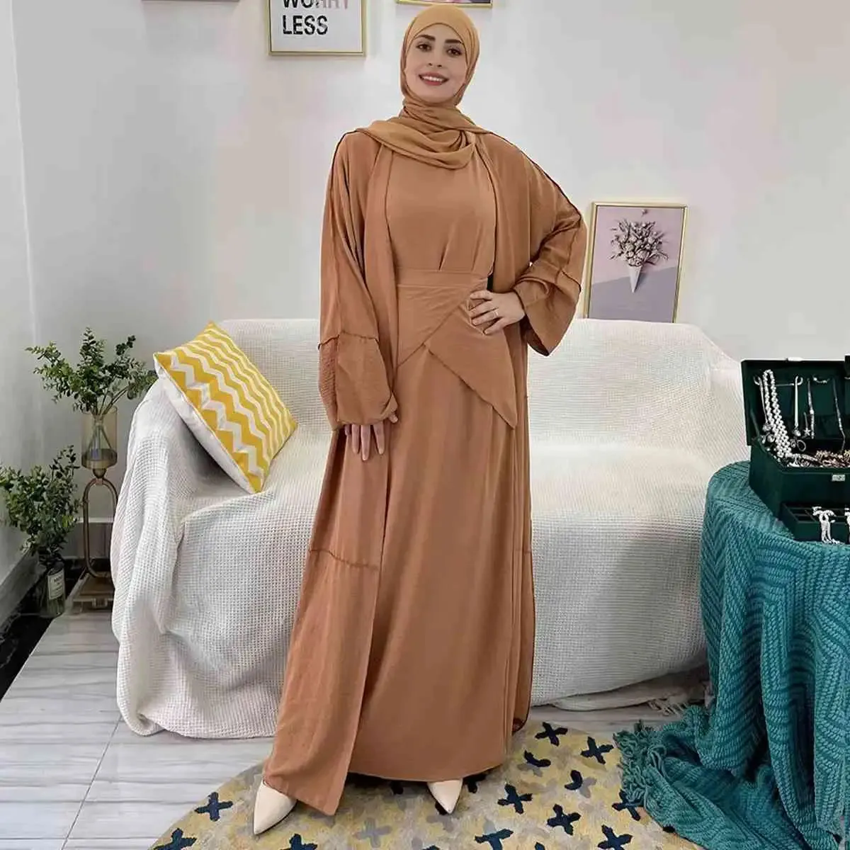 10 Color Options 3 Pieces Set Muslim Women Wrinkled Abaya Dress Suit Set With Out Abaya, Mid Wrap And Inner Sleeveless Dress