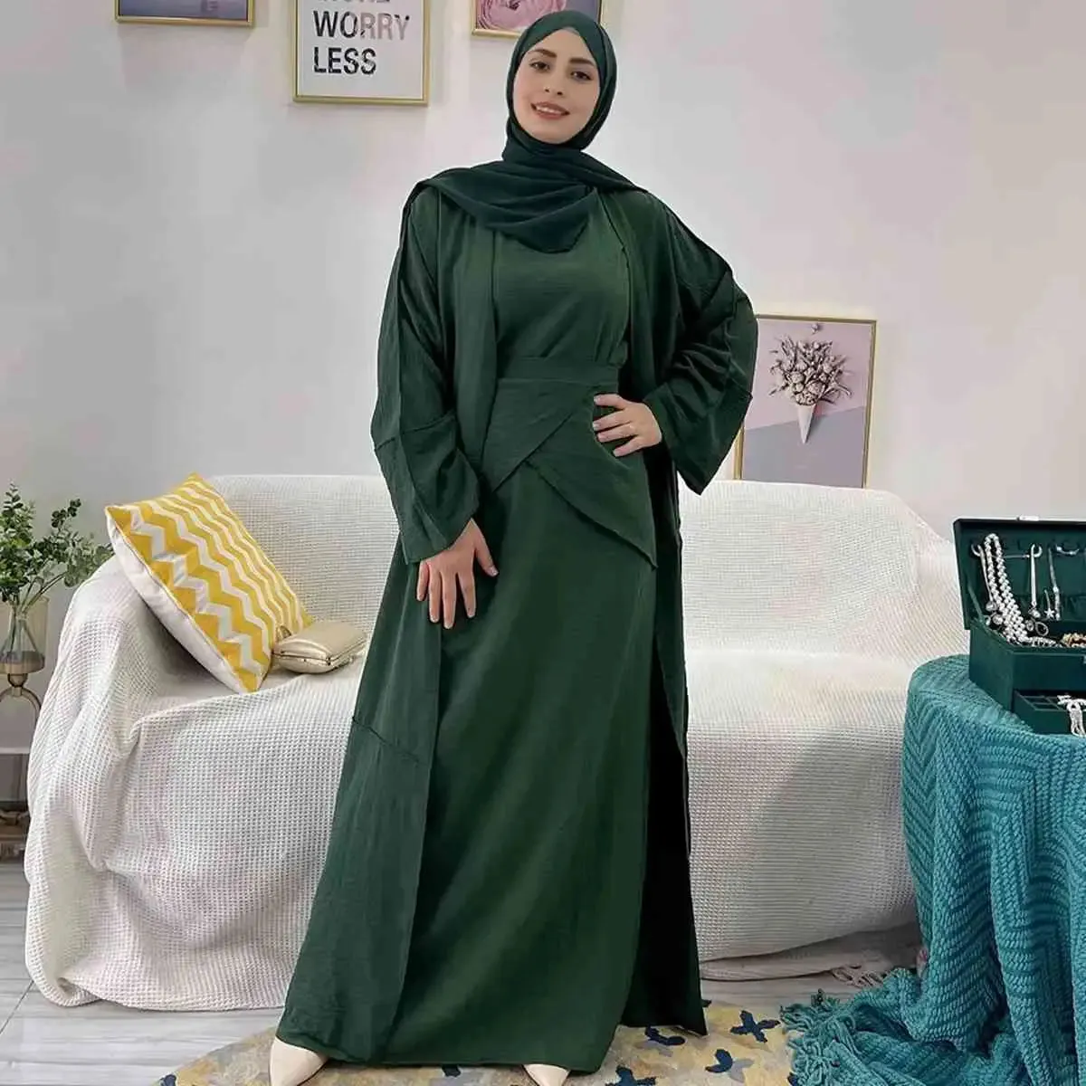 10 Color Options 3 Pieces Set Muslim Women Wrinkled Abaya Dress Suit Set With Out Abaya, Mid Wrap And Inner Sleeveless Dress