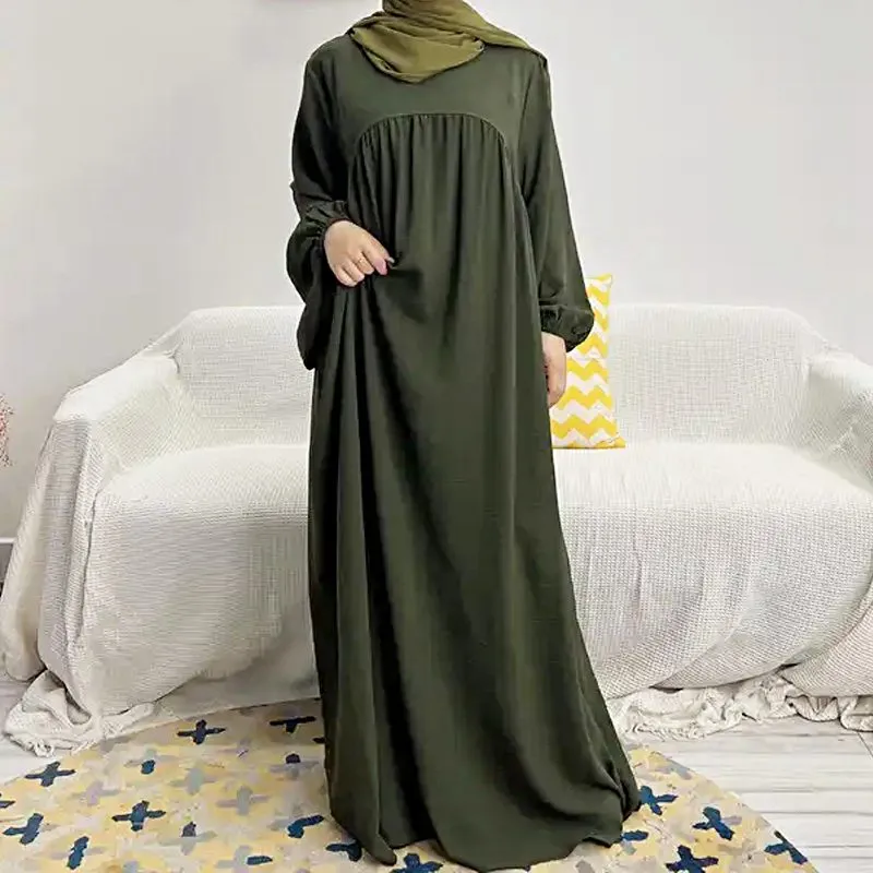 15 Color Options Muslim Women Wrinkle Abaya Dress With Pocket