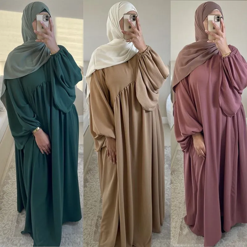 15 Color Options Muslim Women Wrinkle Abaya Dress With Pocket