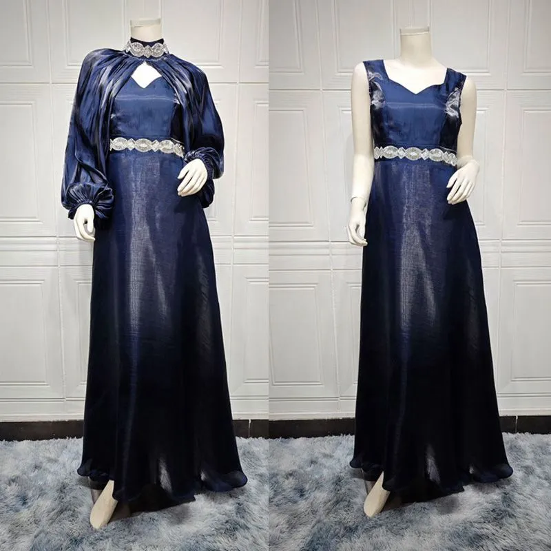 2 Pieces Hotfix Rhinestone Satin Abaya Dress With Inner Sleeveless Slip Dress