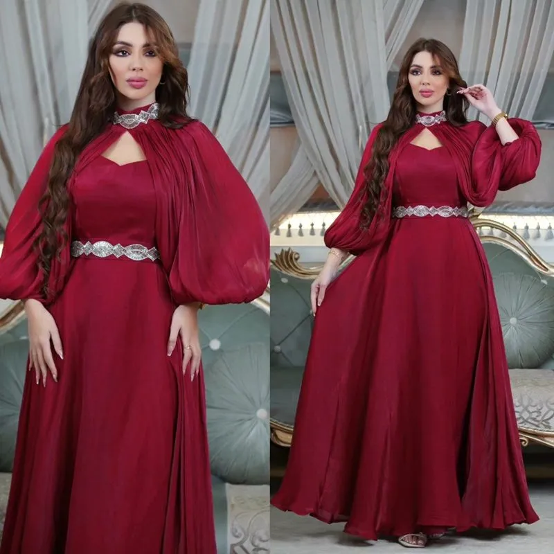 2 Pieces Hotfix Rhinestone Satin Abaya Dress With Inner Sleeveless Slip Dress