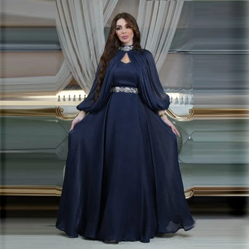 2 Pieces Hotfix Rhinestone Satin Abaya Dress With Inner Sleeveless Slip Dress