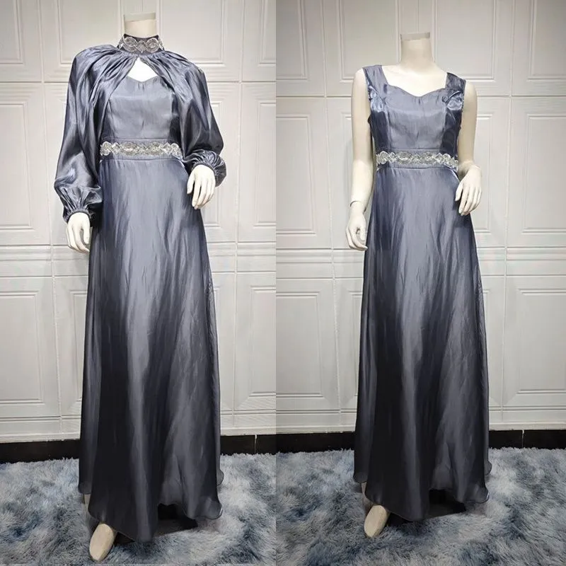 2 Pieces Hotfix Rhinestone Satin Abaya Dress With Inner Sleeveless Slip Dress