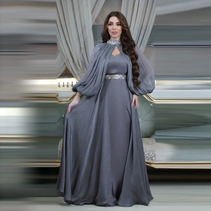 2 Pieces Hotfix Rhinestone Satin Abaya Dress With Inner Sleeveless Slip Dress