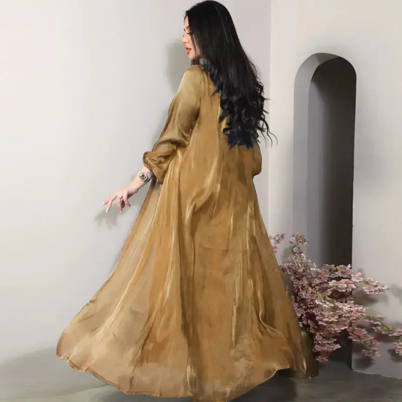 2 Pieces Set Bright Satin Open Abaya Dress With Inner Sleeveless Dress