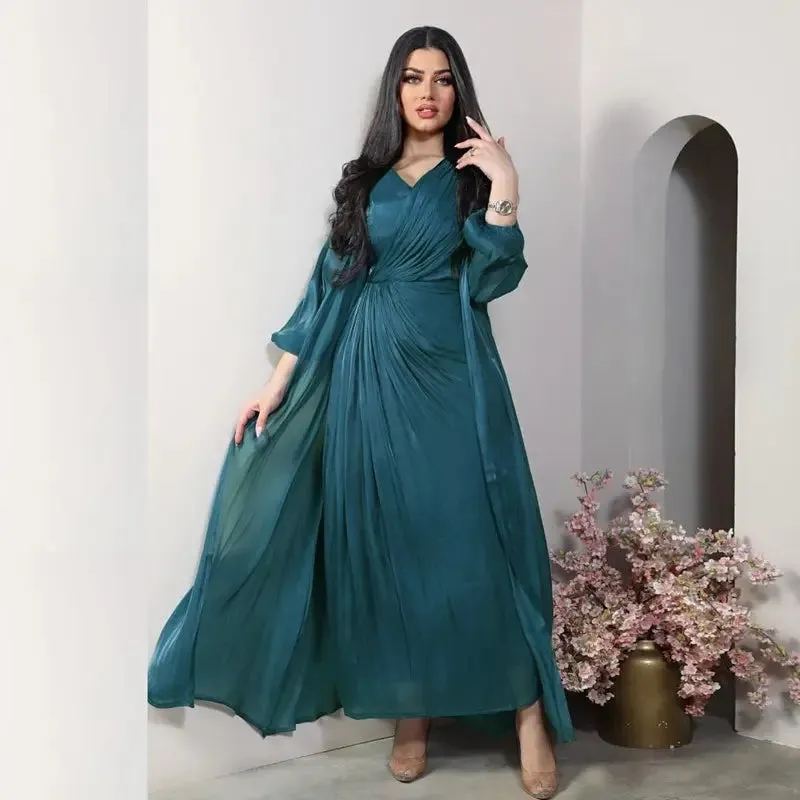 2 Pieces Set Bright Satin Open Abaya Dress With Inner Sleeveless Dress