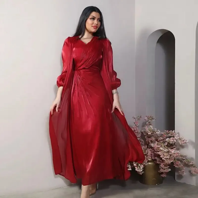 2 Pieces Set Bright Satin Open Abaya Dress With Inner Sleeveless Dress