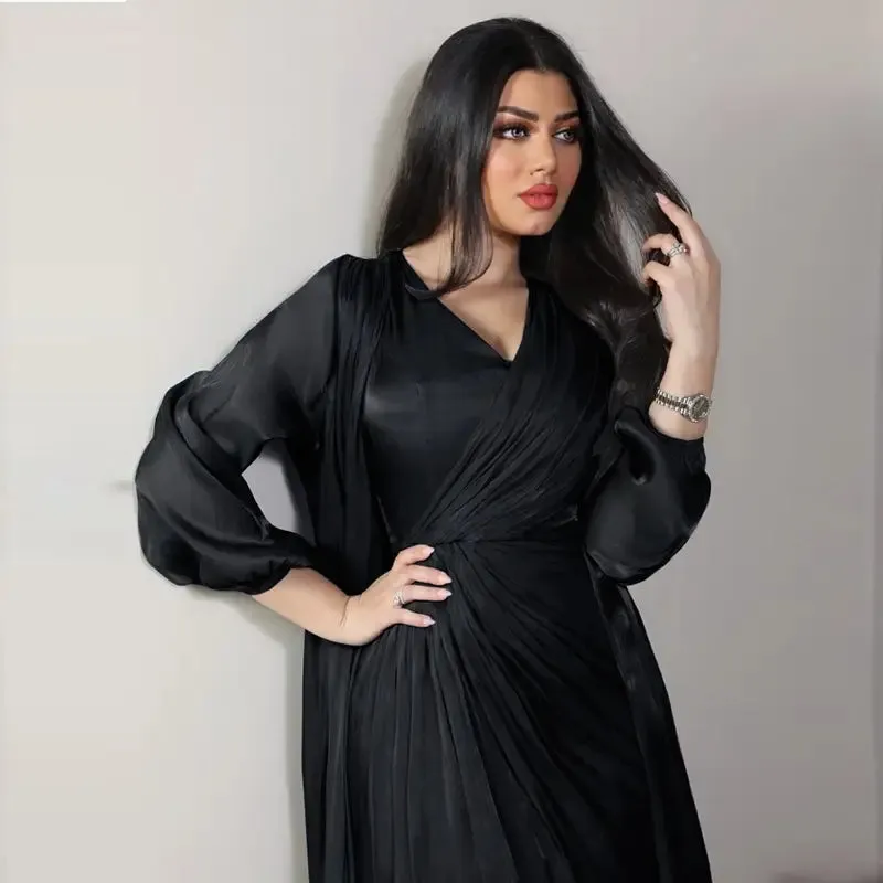 2 Pieces Set Bright Satin Open Abaya Dress With Inner Sleeveless Dress