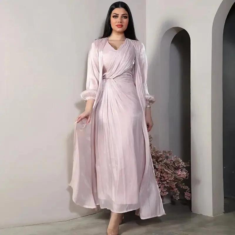 2 Pieces Set Bright Satin Open Abaya Dress With Inner Sleeveless Dress