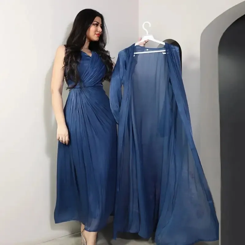 2 Pieces Set Bright Satin Open Abaya Dress With Inner Sleeveless Dress