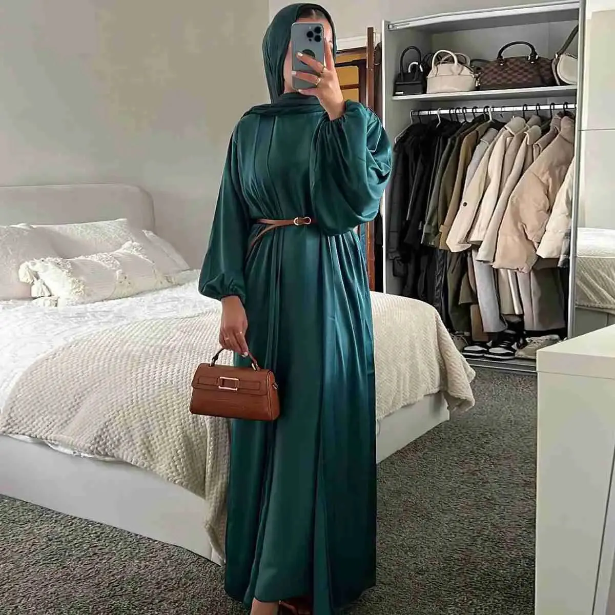 2 Pieces Set Satin Muslim Women Open Abaya Dress Set With Inner Sleeveless Dress