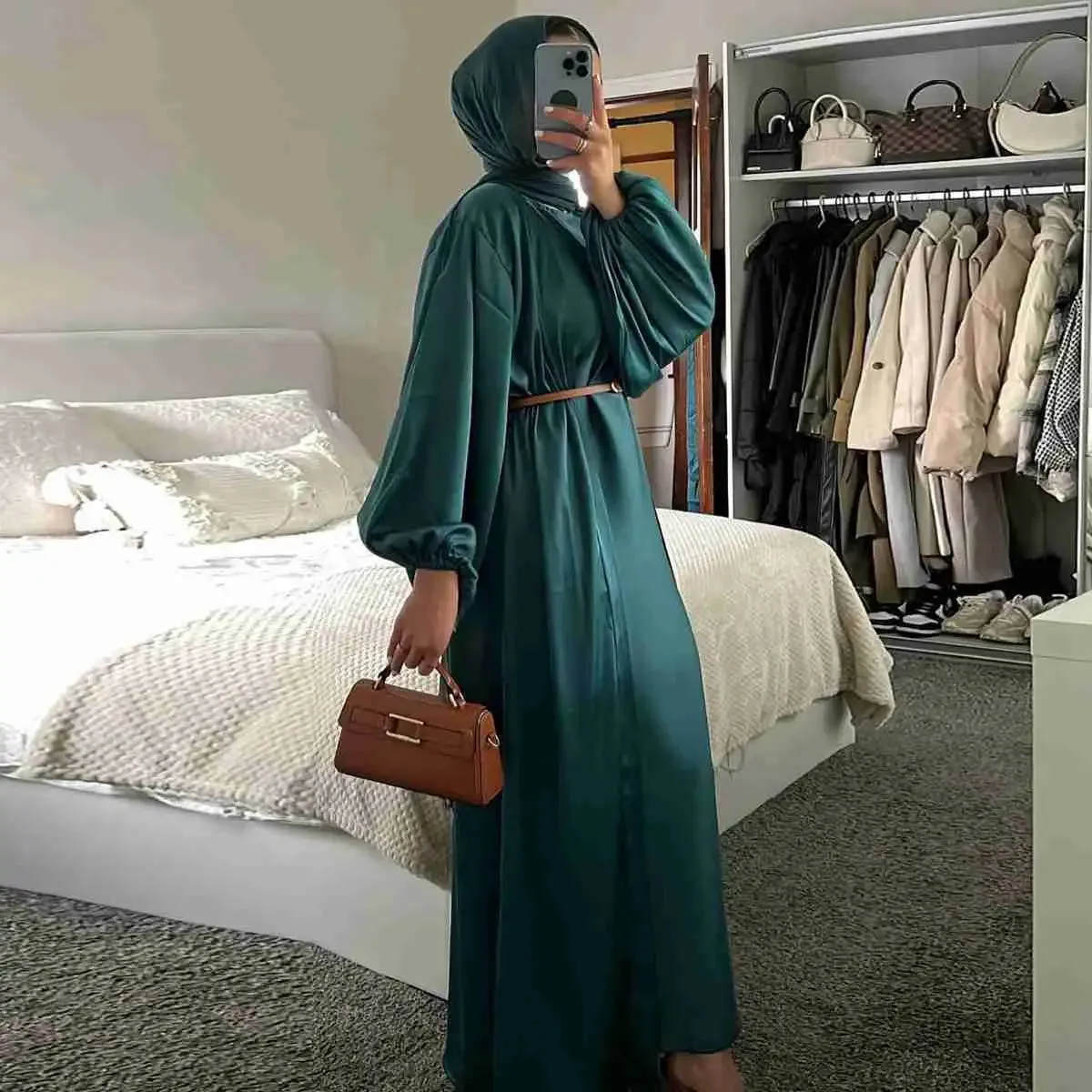 2 Pieces Set Satin Muslim Women Open Abaya Dress Set With Inner Sleeveless Dress