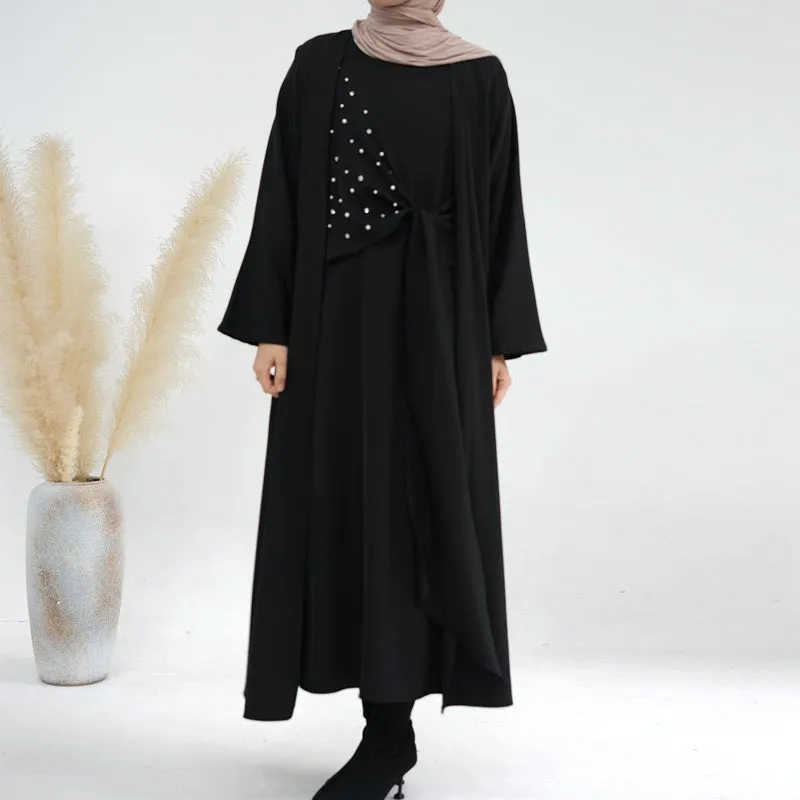 2 Pieces Set Spandex Pearl Open Abaya Dress For Muslim Women