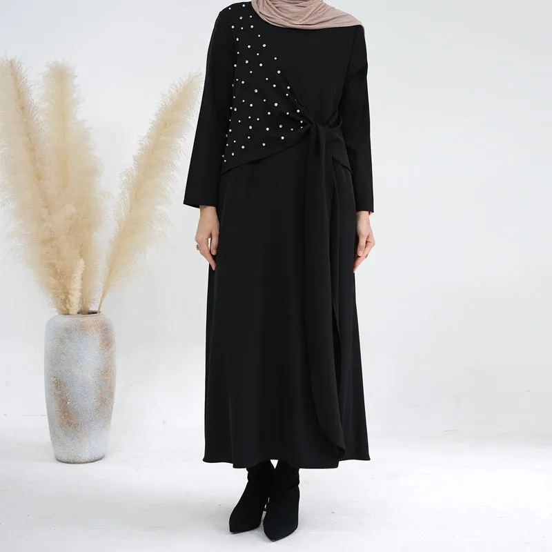 2 Pieces Set Spandex Pearl Open Abaya Dress For Muslim Women