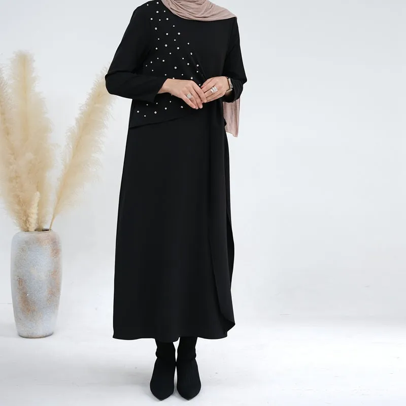 2 Pieces Set Spandex Pearl Open Abaya Dress For Muslim Women