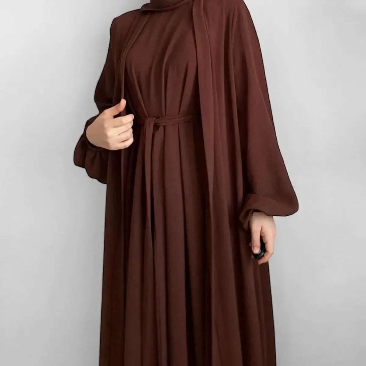 2 Pieces Set Wrinkle Fabric Cardigan Open Abaya Dress