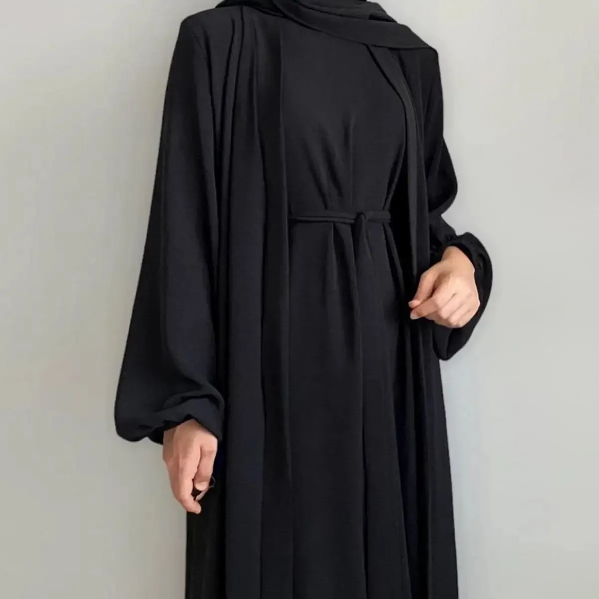 2 Pieces Set Wrinkle Fabric Cardigan Open Abaya Dress