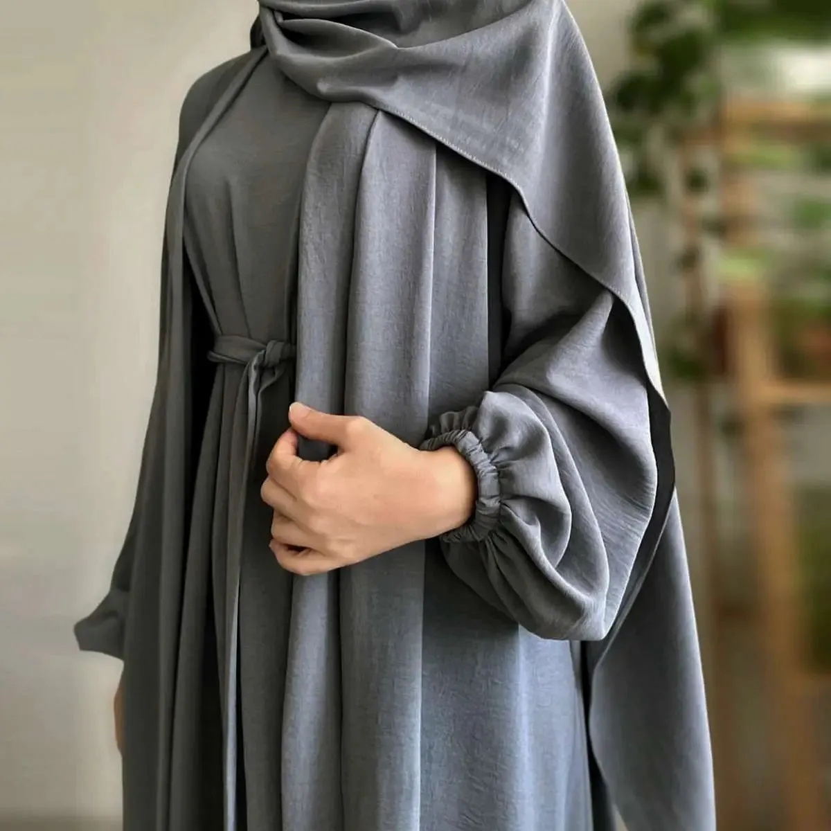 2 Pieces Set Wrinkle Fabric Cardigan Open Abaya Dress