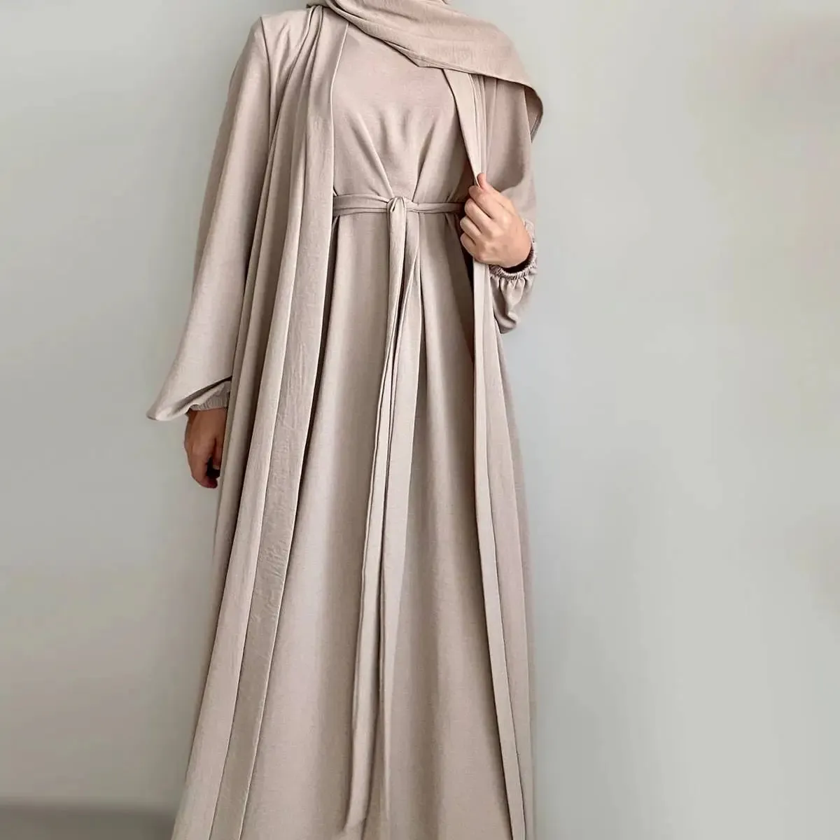 2 Pieces Set Wrinkle Fabric Cardigan Open Abaya Dress