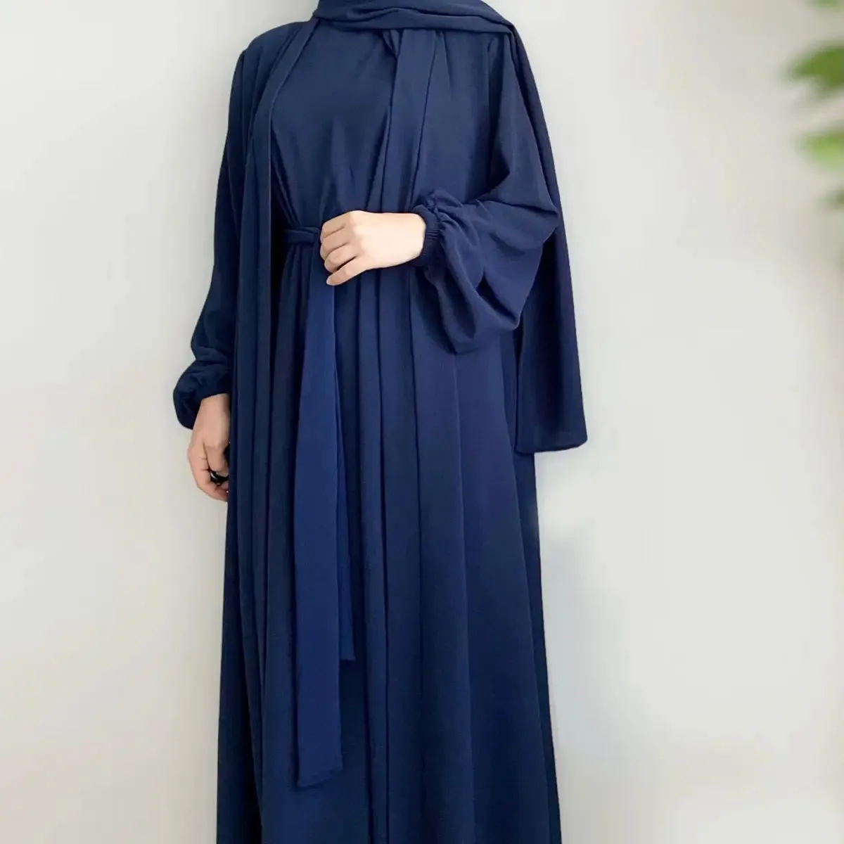 2 Pieces Set Wrinkle Fabric Cardigan Open Abaya Dress