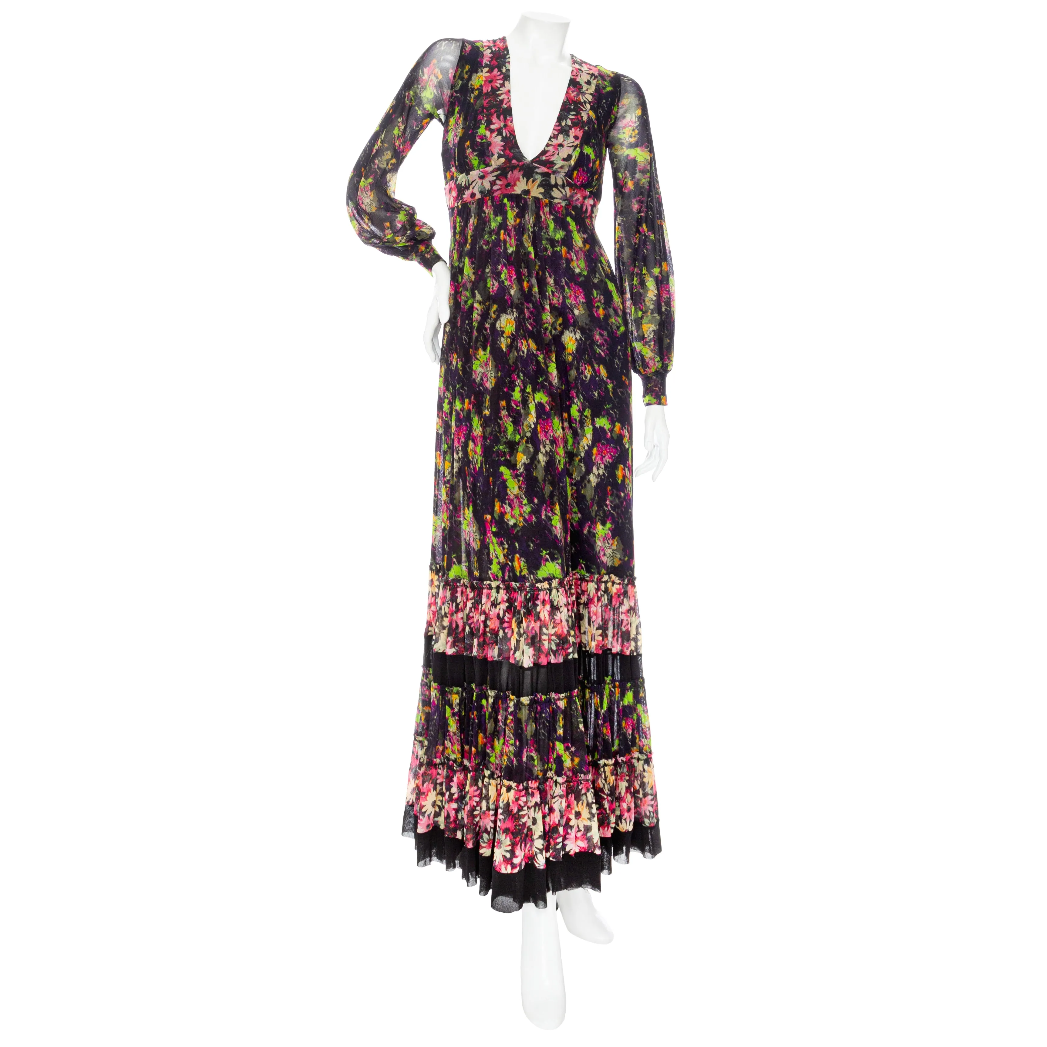 2000s Soleil Floral Print Mesh Long Sleeve Maxi Dress