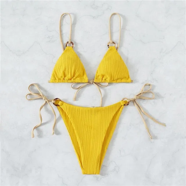 2023 Sexy Bikini Set Cute Simple White Plain Ring Linked Spaghetti Strap Triangle Thong Biquini Swimsuit