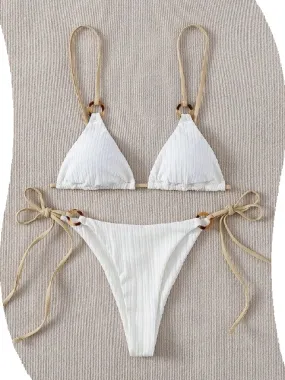 2023 Sexy Bikini Set Cute Simple White Plain Ring Linked Spaghetti Strap Triangle Thong Biquini Swimsuit