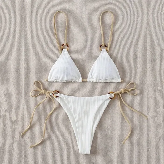 2023 Sexy Bikini Set Cute Simple White Plain Ring Linked Spaghetti Strap Triangle Thong Biquini Swimsuit