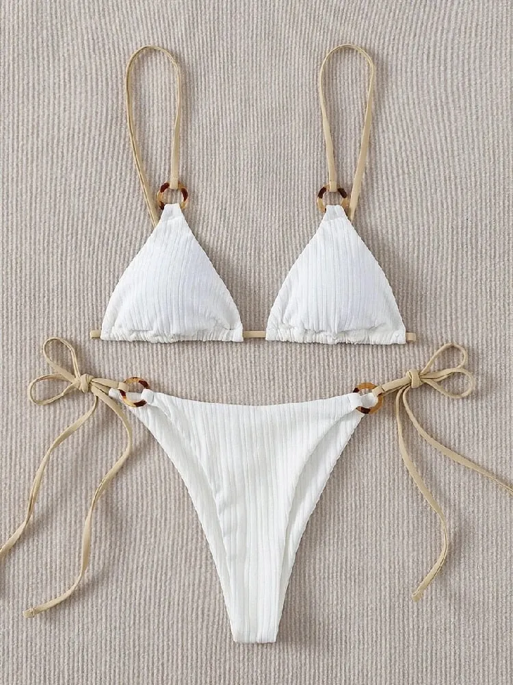 2023 Sexy Bikini Set Cute Simple White Plain Ring Linked Spaghetti Strap Triangle Thong Biquini Swimsuit