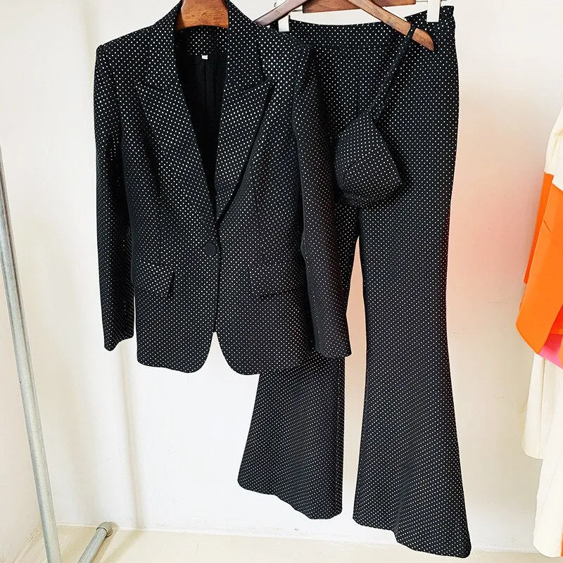 3 Piece Sets Blazer Pants Suits Women Black Bling Single Button Long Blazer Flared Pants Formal Sets High Quality