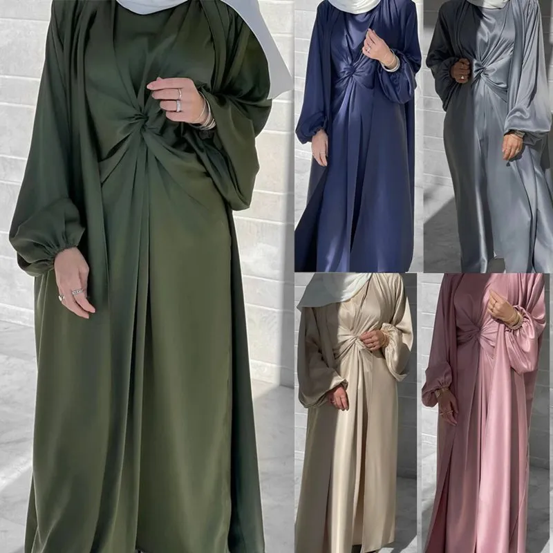 3 Pieces Set Satin Open Abaya Dress For Muslim Women