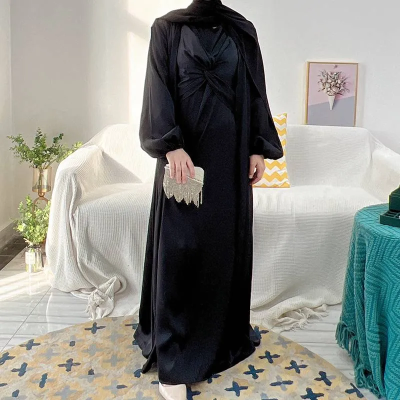 3 Pieces Set Satin Open Abaya Dress For Muslim Women