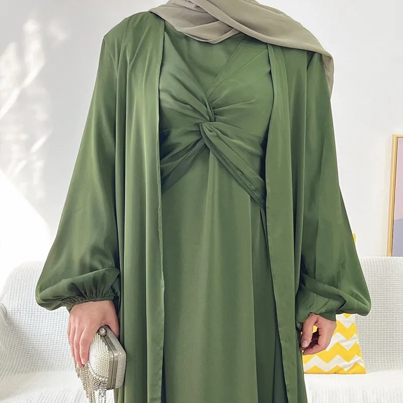 3 Pieces Set Satin Open Abaya Dress For Muslim Women