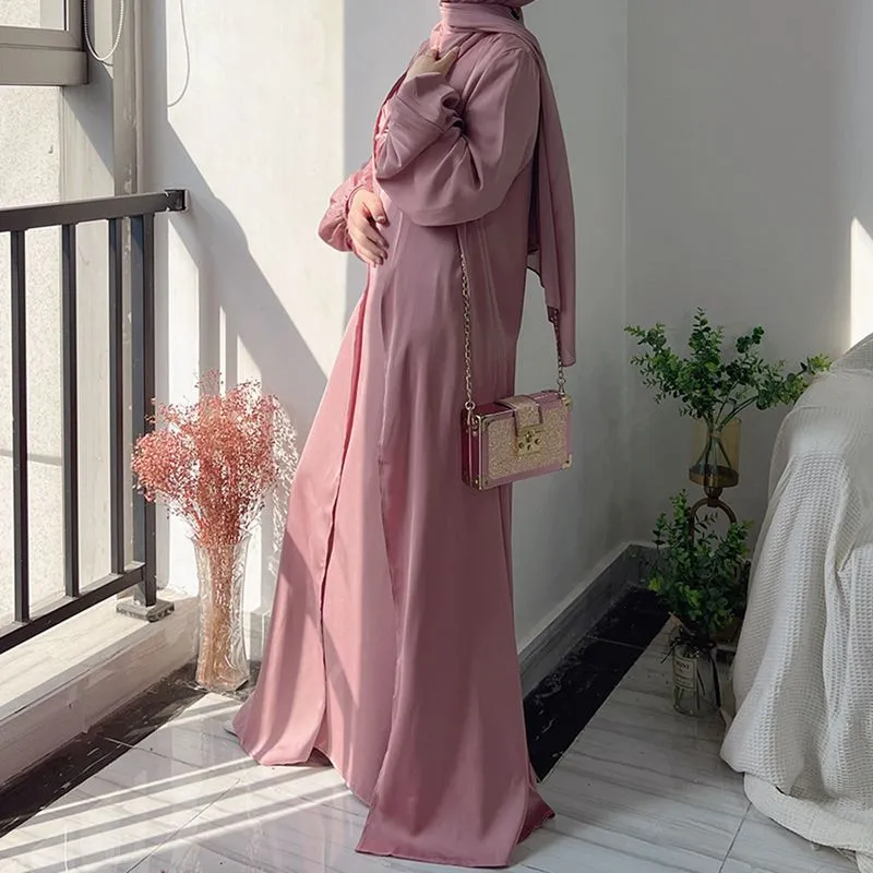 3 Pieces Set Satin Open Abaya Dress For Muslim Women