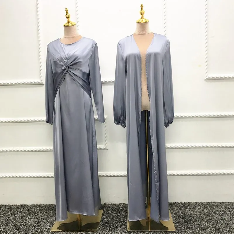 3 Pieces Set Satin Open Abaya Dress For Muslim Women