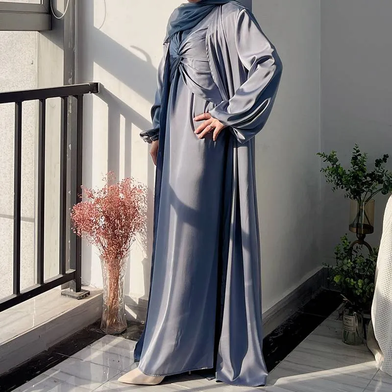 3 Pieces Set Satin Open Abaya Dress For Muslim Women