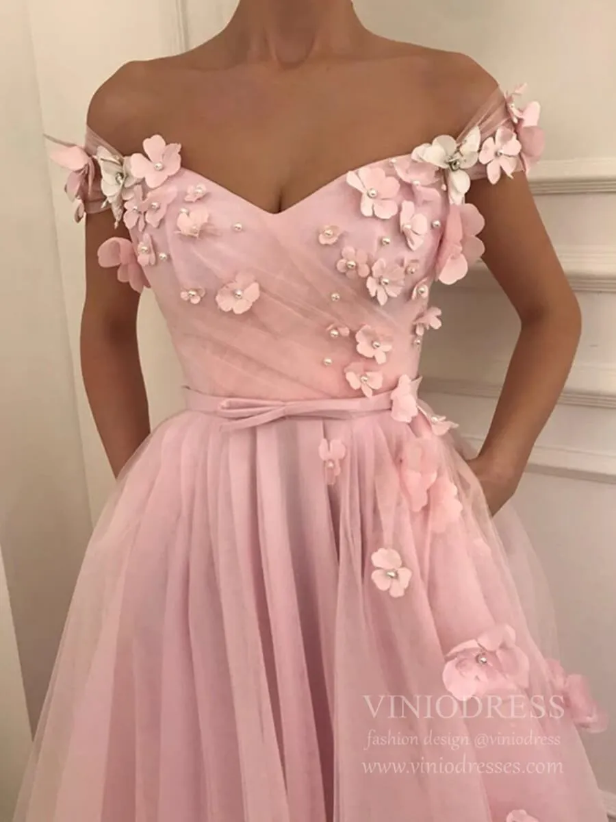 3D Floral Appliqued Pink Long Prom Dresses Off the Shoulder Sleeves FD1674