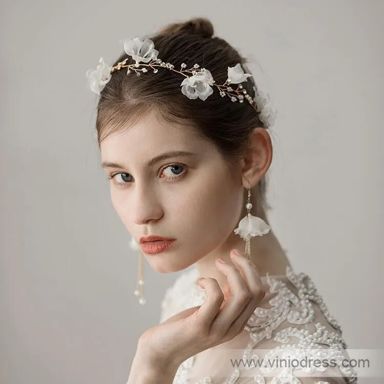 3D Flower Headband with Crystals, Ivory Flower Drop Earrings ACC1091