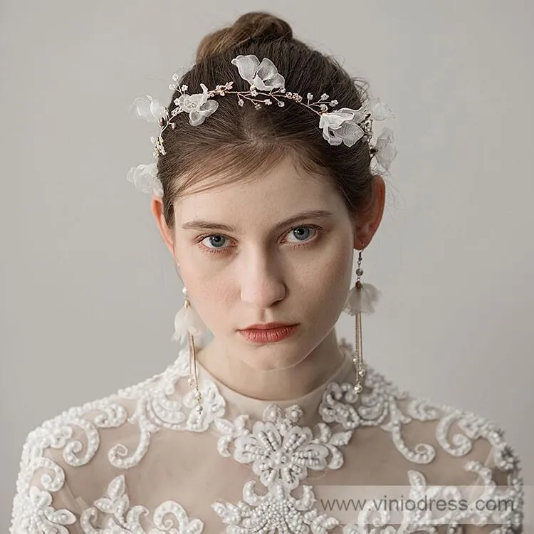 3D Flower Headband with Crystals, Ivory Flower Drop Earrings ACC1091