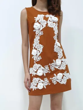 3D Flower Shift Dress - Brown