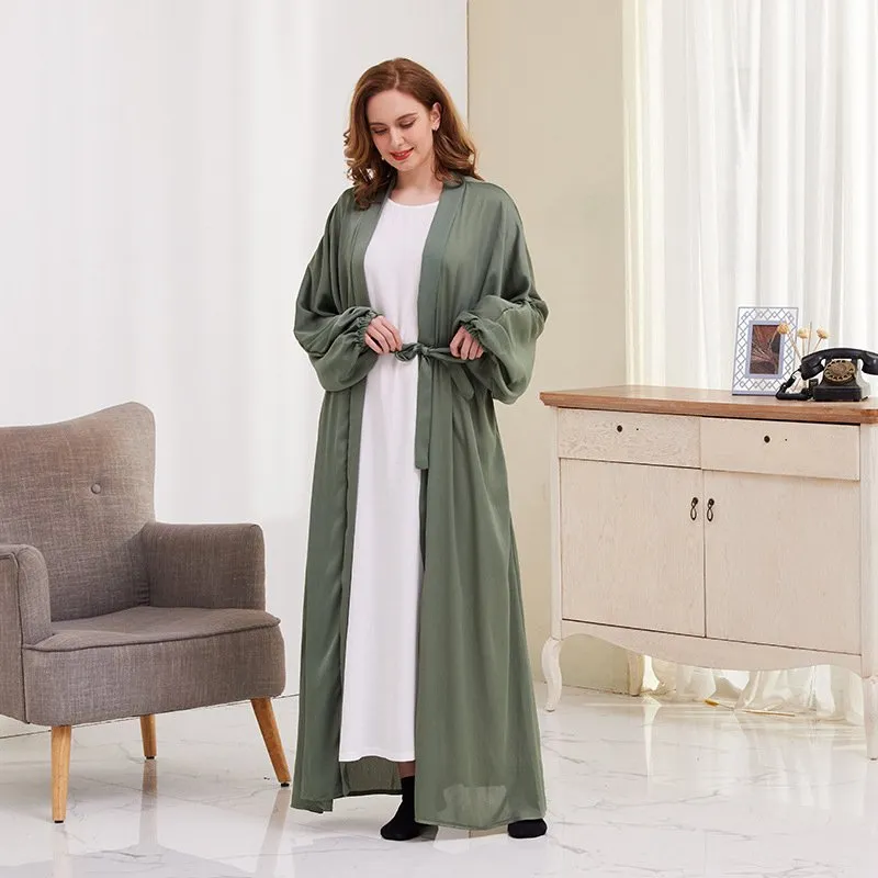 8 Color Options Satin Lantern Sleeve Open Abaya Dress Muslim Dubai Women