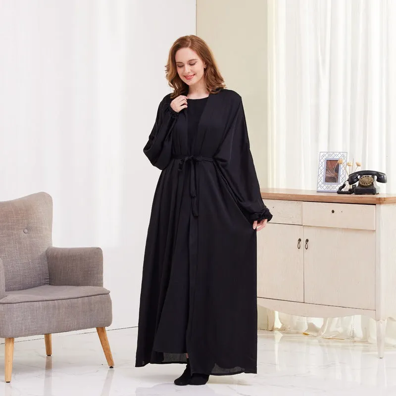 8 Color Options Satin Lantern Sleeve Open Abaya Dress Muslim Dubai Women