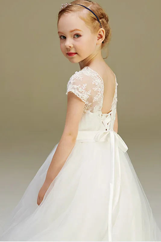 A Line Cap Sleeve Lace Appliques Flower Girl Dress