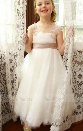 A-Line Jewel Floor-Length White Tulle Flower Girl Dress with Flowers,BD99832