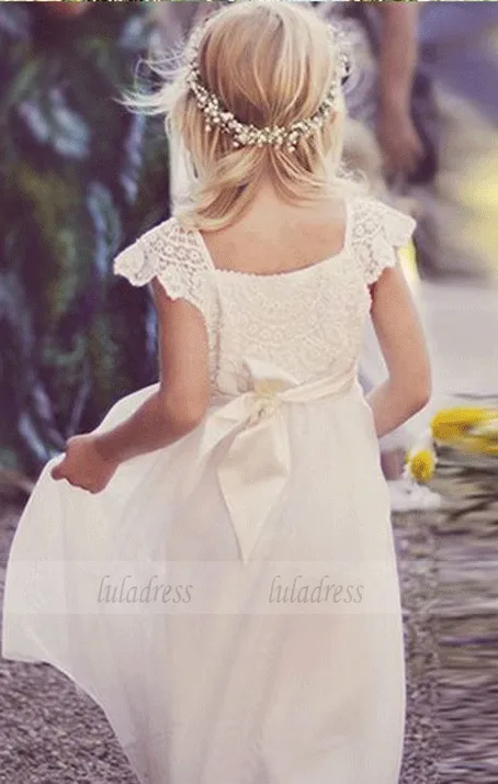 A-Line Square Cap Sleeves Long White Tulle Flower Girl Dress with Lace,BW97189