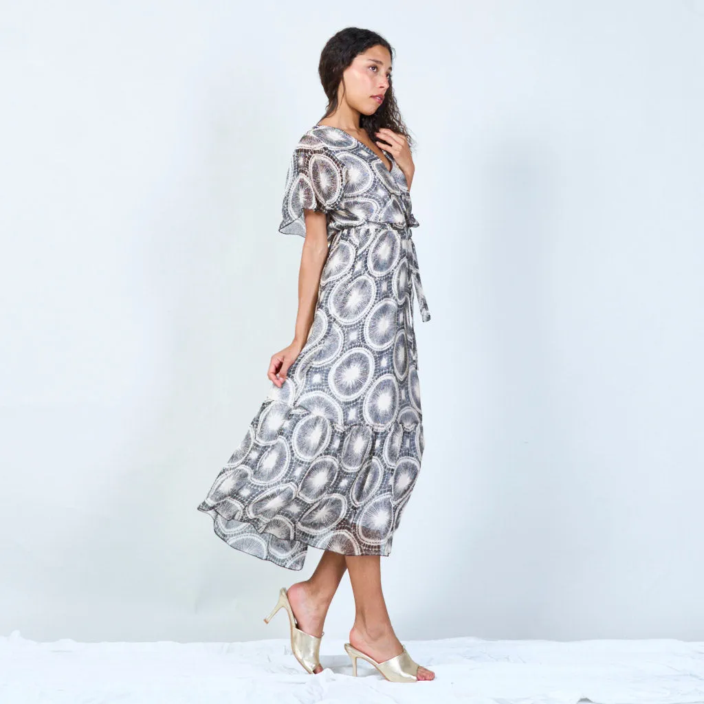 Abstract print wrap dress with front belt wholesale