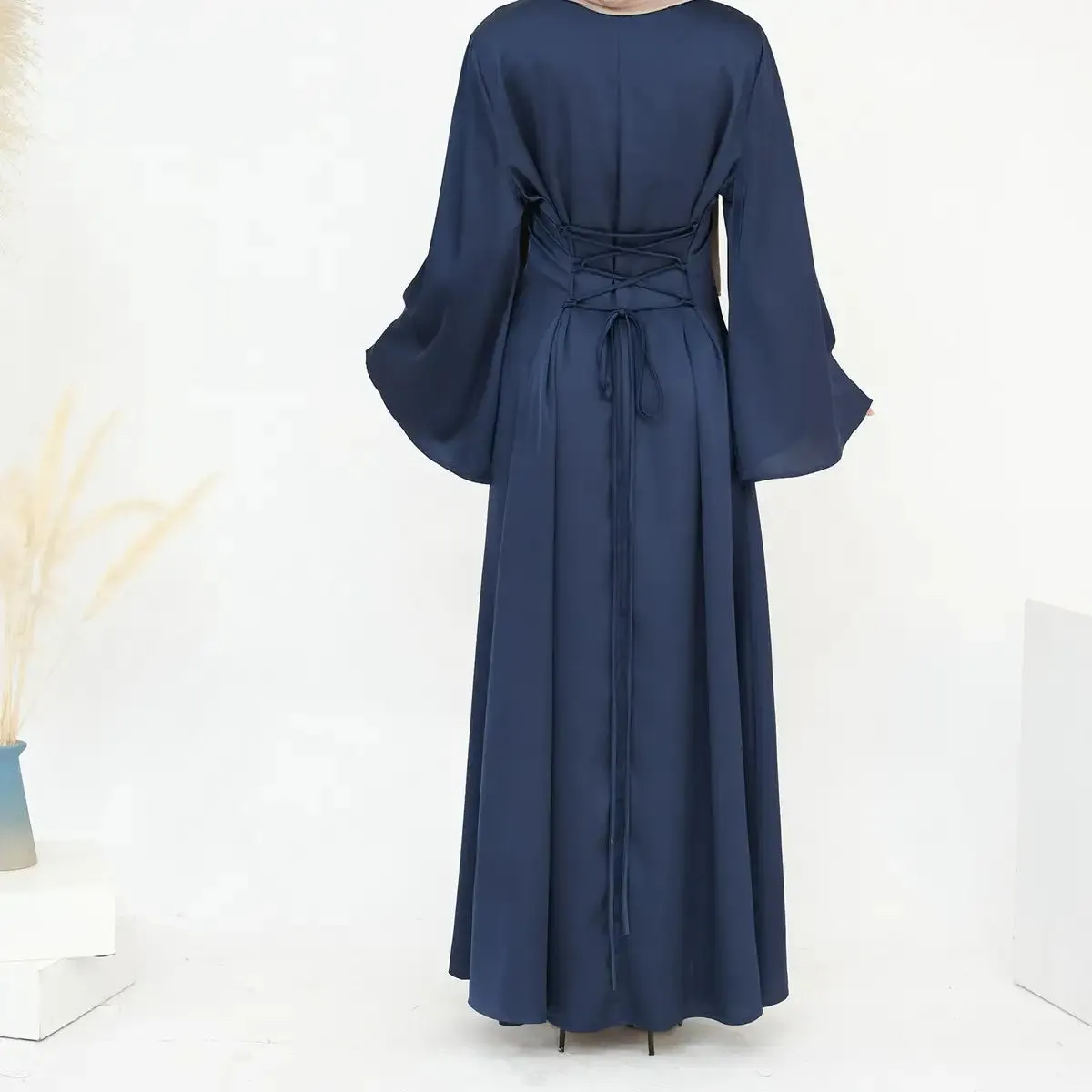 Adjustable Belt Satin Abaya Dress