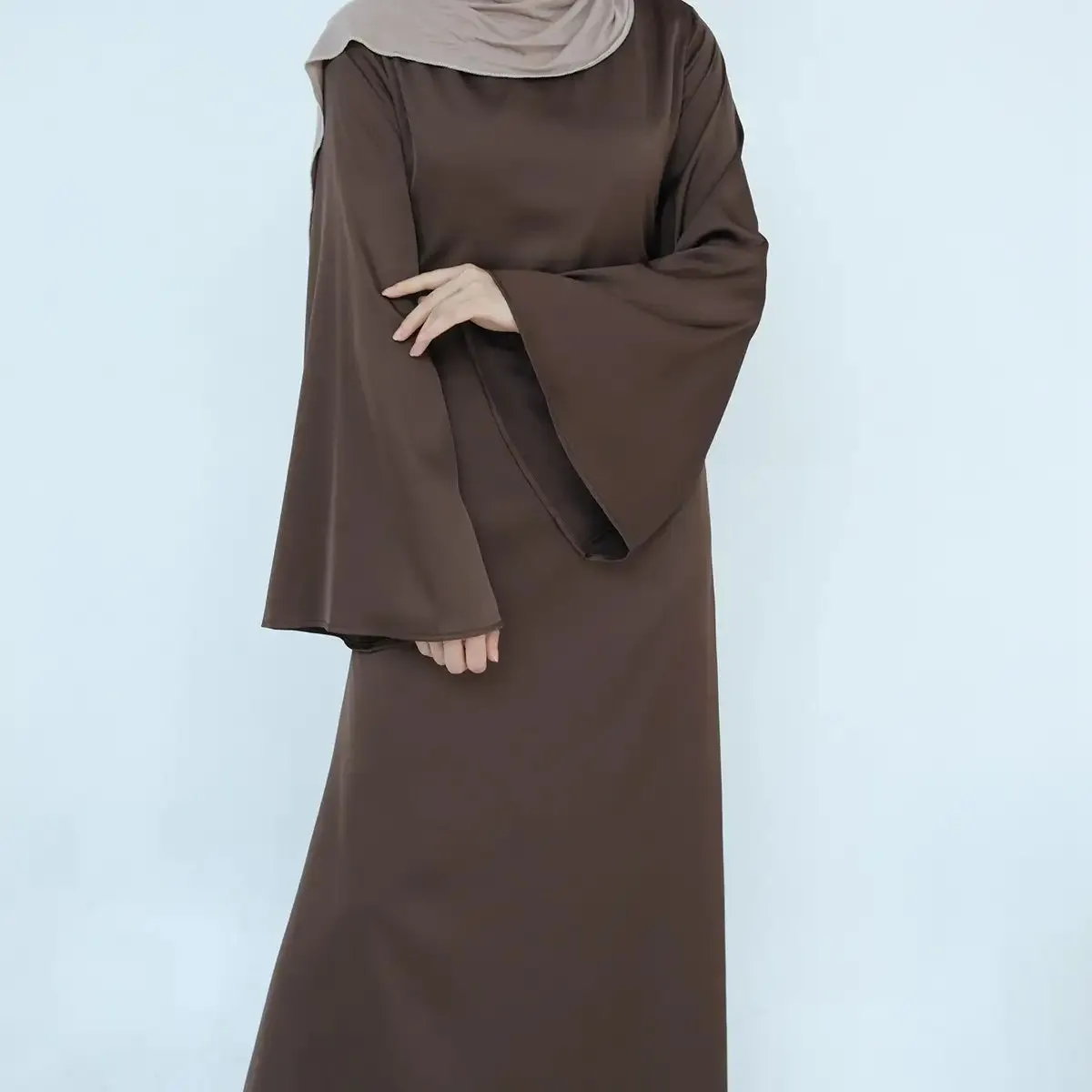 Adjustable Belt Satin Abaya Dress