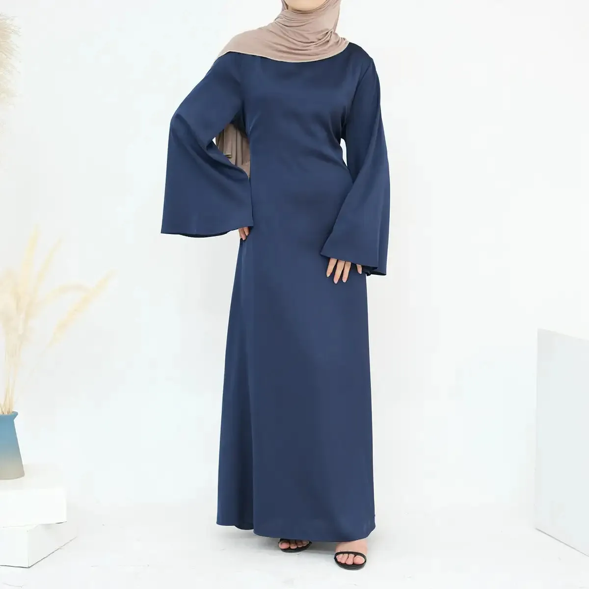 Adjustable Belt Satin Abaya Dress